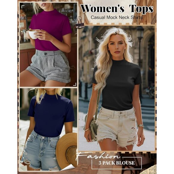 3 Pack Women's Mock Neck Shirts Short Sleeve Turtleneck Casual Blouse - Picture 4 of 6